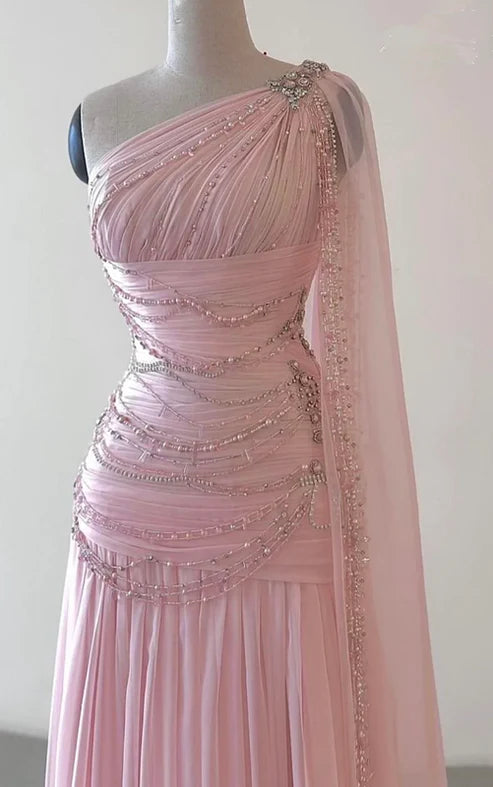 Pink One Shoulder A-Line Beading Chiffon Long Party Dress Formal Prom Dress, D649