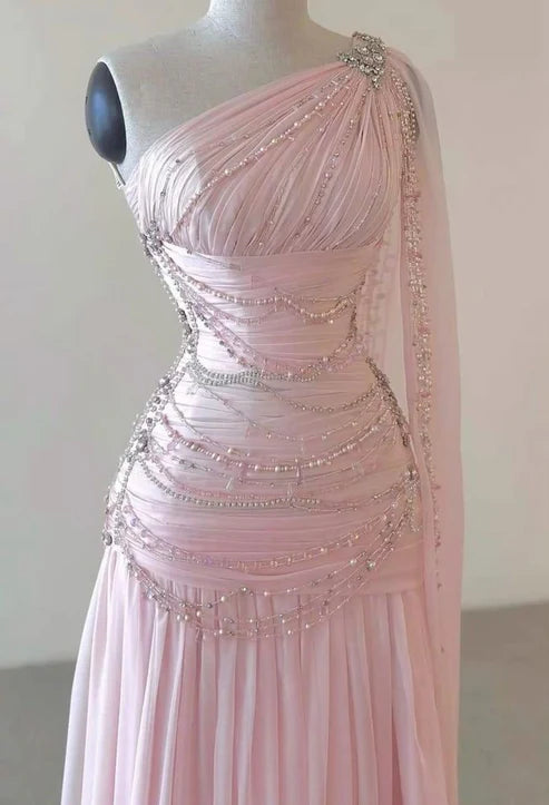 Pink One Shoulder A-Line Beading Chiffon Long Party Dress Formal Prom Dress, D649