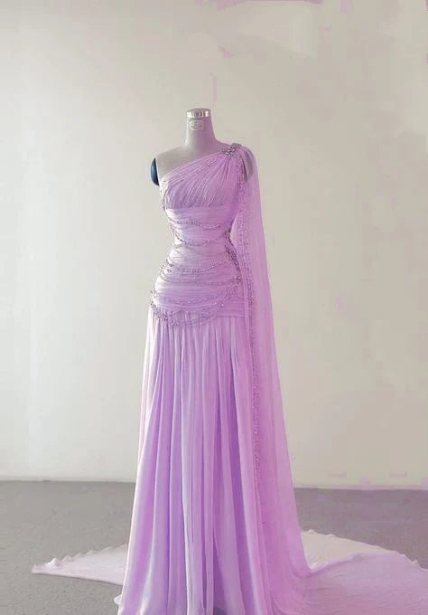 Pink One Shoulder A-Line Beading Chiffon Long Party Dress Formal Prom Dress, D649