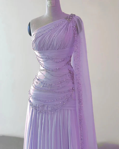 Pink One Shoulder A-Line Beading Chiffon Long Party Dress Formal Prom Dress, D649