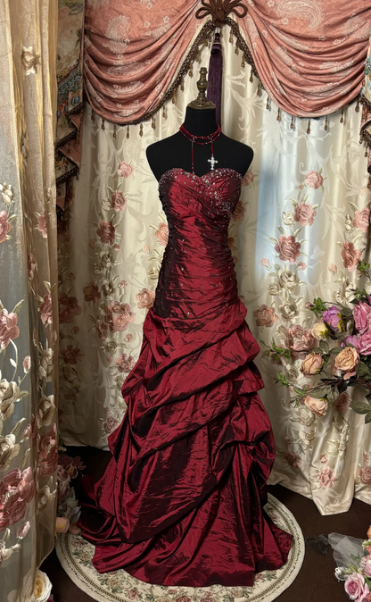 Wine Red Sweetheart Sheath Beading Vintage Long Party Dress Evening Dress, D651