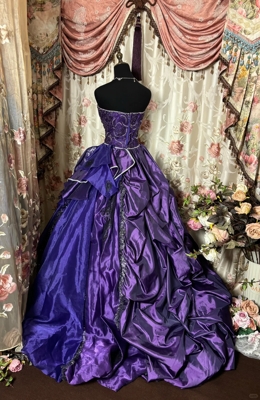 Dark Purple Strapless A-Line Satin Retro Long Party Dress Evening Ball Gown, D653