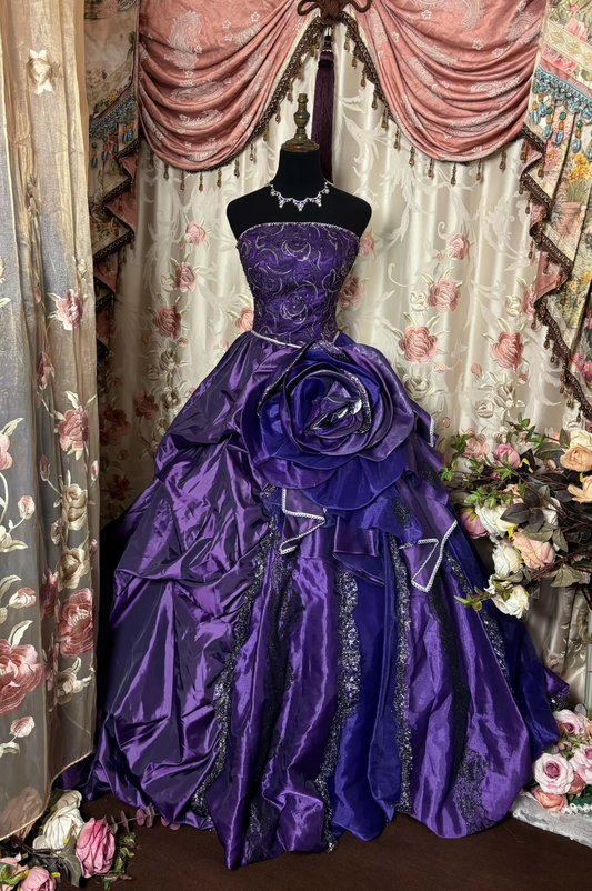 Dark Purple Strapless A-Line Satin Retro Long Party Dress Evening Ball Gown, D653