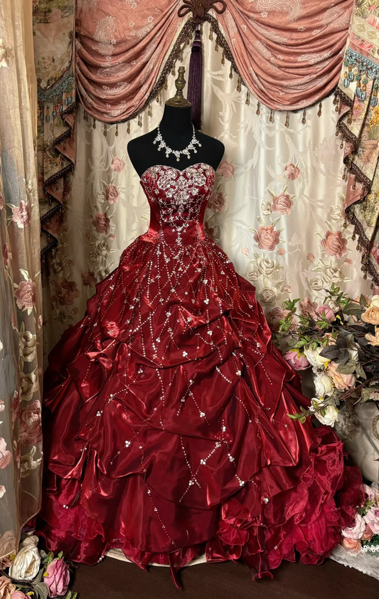 Wine Red Strapless Beading A-Line Retro Long Party Dress Evening Ball Gown, D654