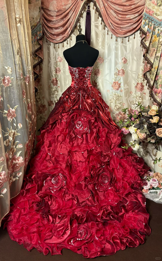 Wine Red Strapless Beading A-Line Retro Long Party Dress Evening Ball Gown, D654