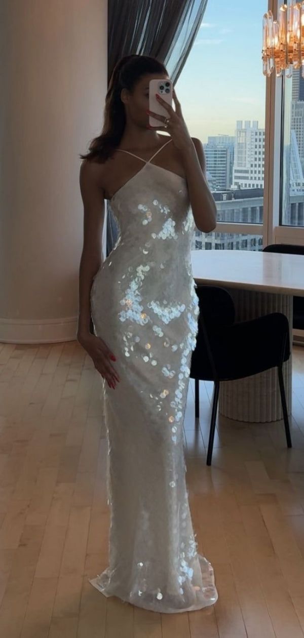 Sexy White Halter Mermaid Sequins Long Prom Dress Evening Gown, D662