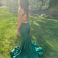 Green V Neck Backless Mermaid Satin Long Prom Dress Formal Party Dress, D664