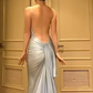 Light Blue Spaghetti Straps Backless Mermaid Satin Long Prom Dress Evening Gown, D699