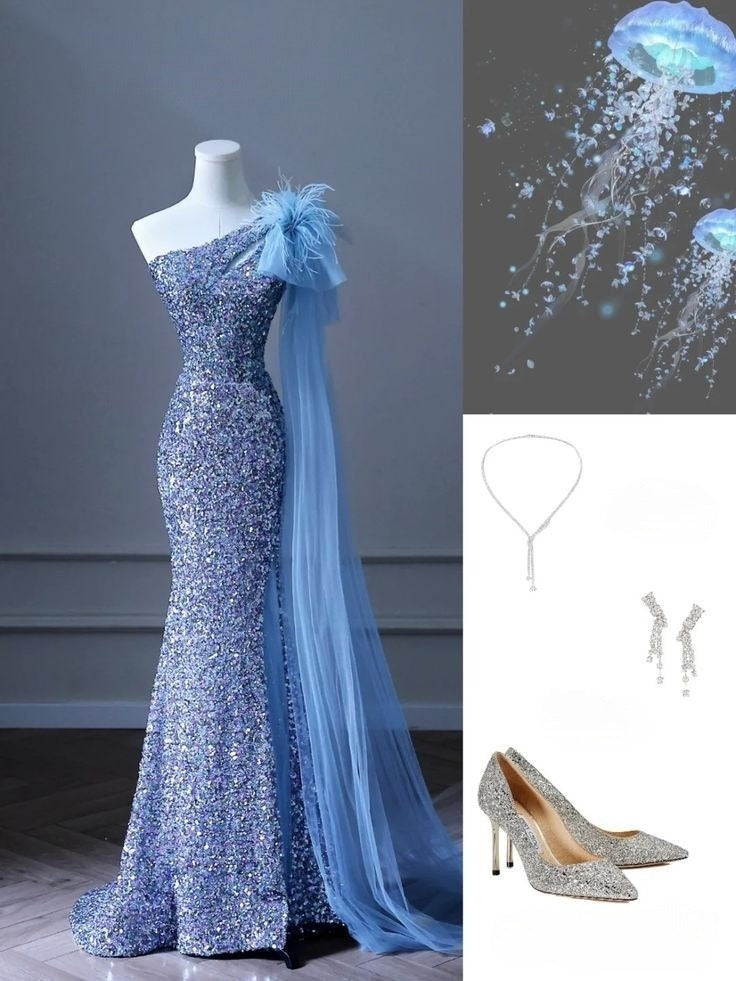 Blue One Shoulder Sequins Mermaid Long Party Dress Stunning Evening Gown, D708