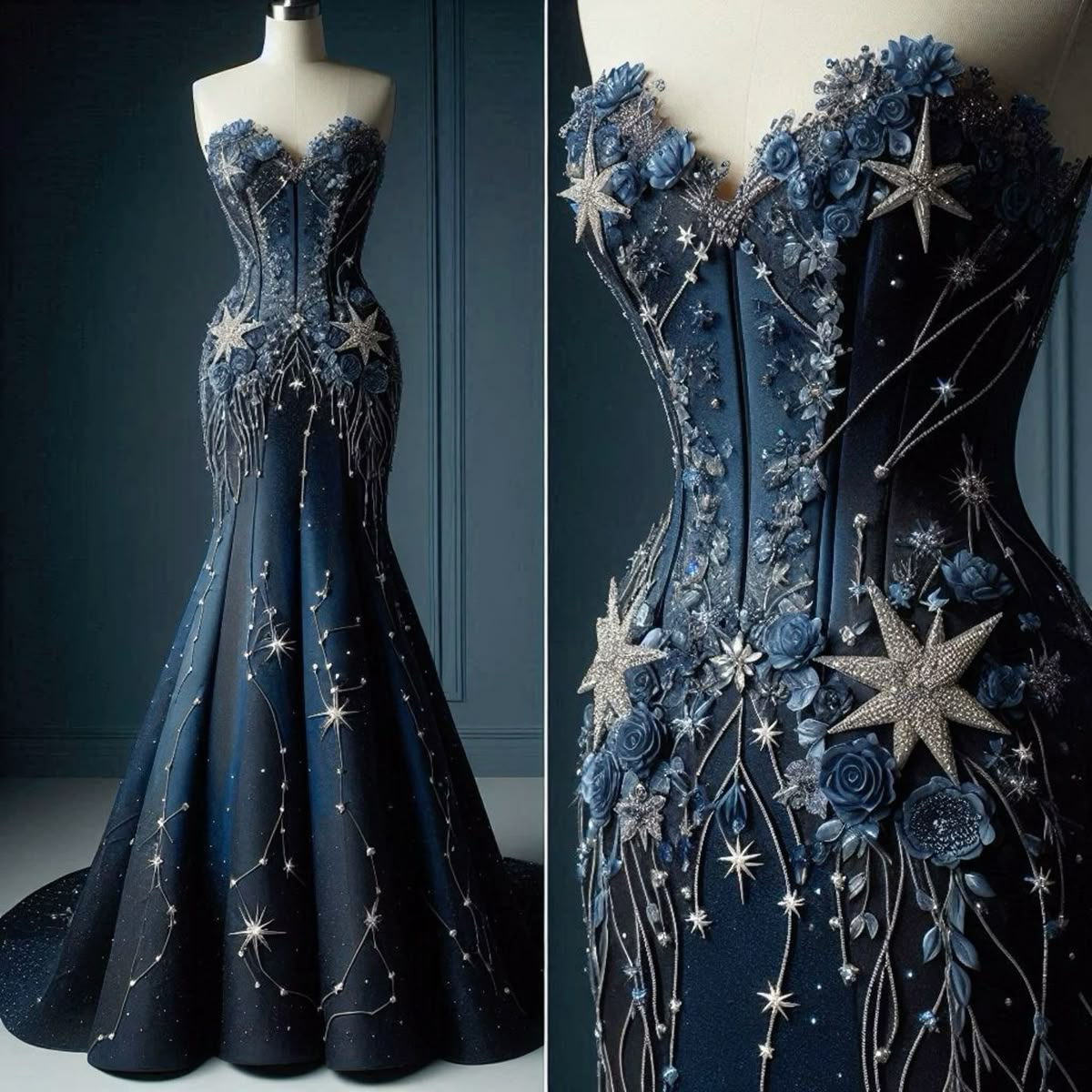 Dark Navy Sweetheart Mermaid Beading Appliques Long Evening Party Dress, D713