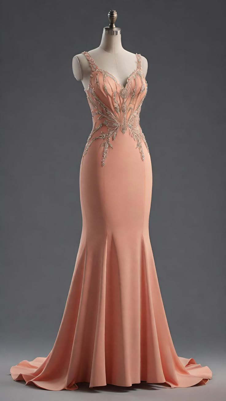 Peach Pink Straps Mermaid Beading Long Formal Prom Dress Evening Gown, D720