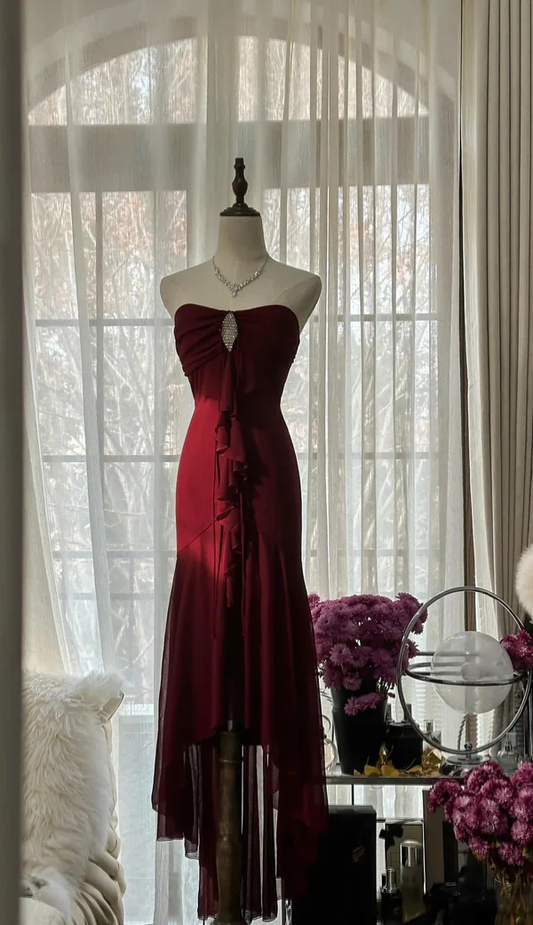 Elegant Burgundy Strapless Mermaid Long Prom Dress Vintage Party Dress, D724