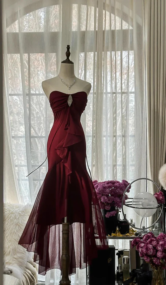 Elegant Burgundy Strapless Mermaid Long Prom Dress Vintage Party Dress, D724