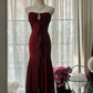 Elegant Burgundy Strapless Mermaid Long Prom Dress Vintage Party Dress, D724