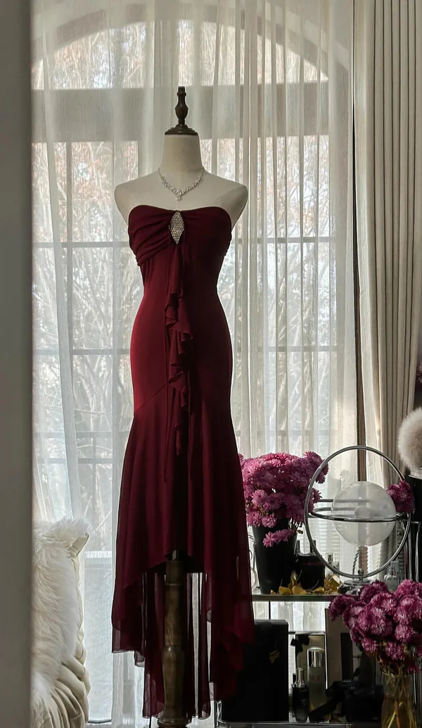 Elegant Burgundy Strapless Mermaid Long Prom Dress Vintage Party Dress, D724