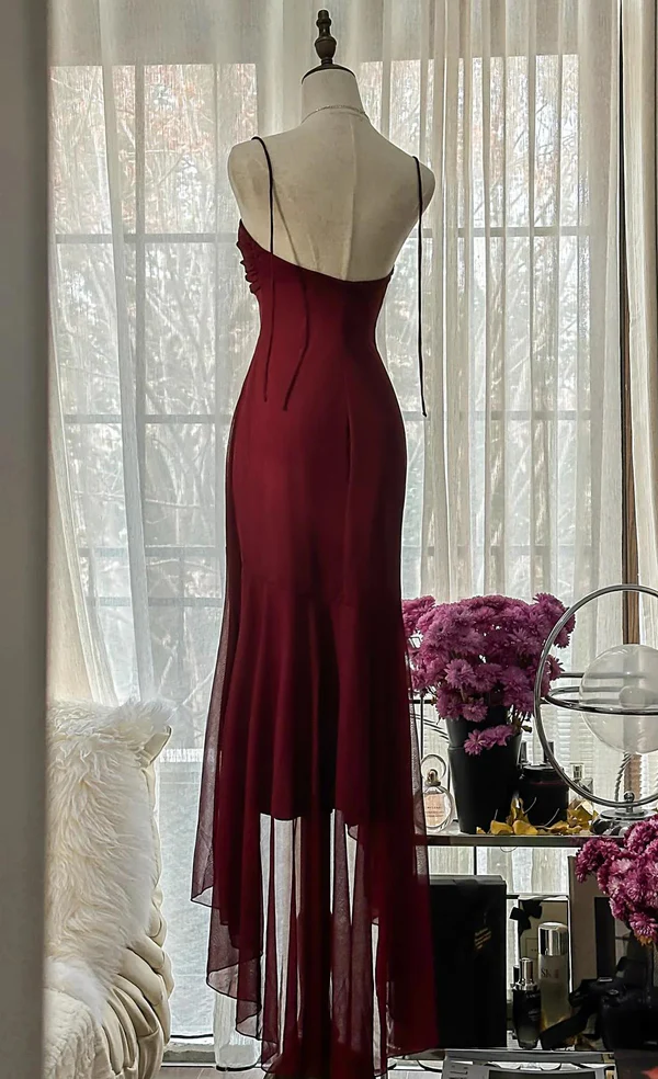 Elegant Burgundy Strapless Mermaid Long Prom Dress Vintage Party Dress, D724