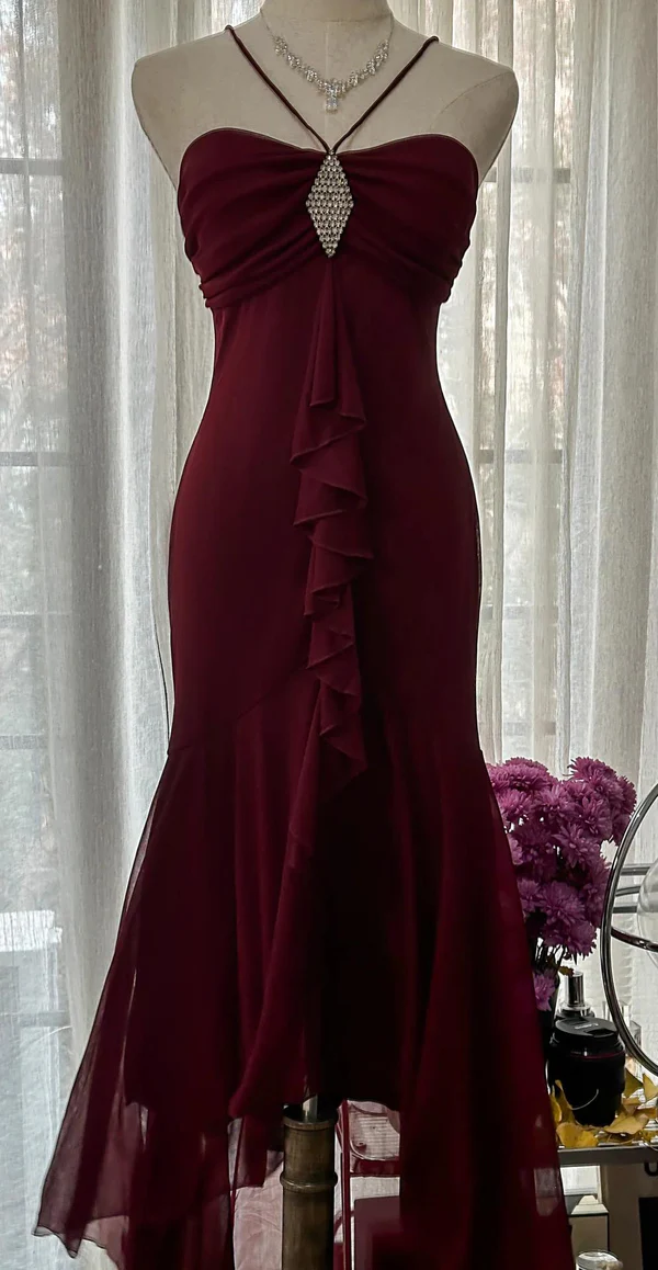 Elegant Burgundy Strapless Mermaid Long Prom Dress Vintage Party Dress, D724