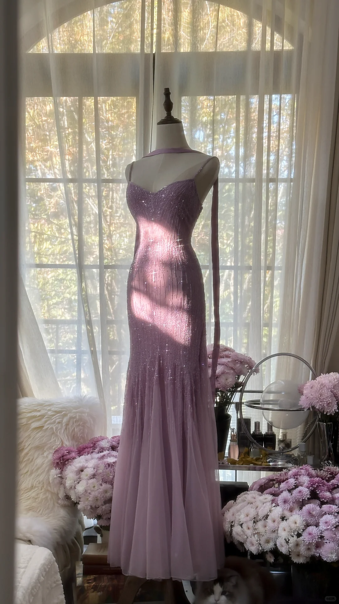 Shiny Purple Spaghetti Straps Beading Mermaid Long Party Dress Evening Gown, D729