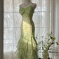 Green Straps Mermaid Tiered Beaing Vintage Long Party Dress Evening Gown, D731