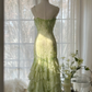 Green Straps Mermaid Tiered Beaing Vintage Long Party Dress Evening Gown, D731