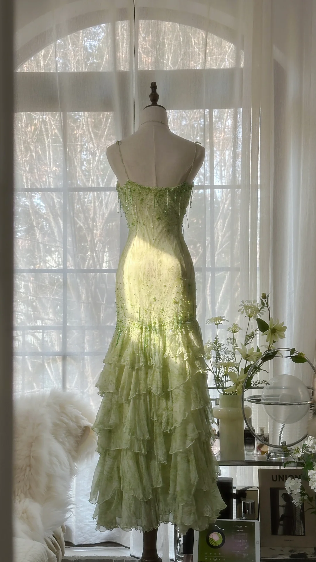 Green Straps Mermaid Tiered Beaing Vintage Long Party Dress Evening Gown, D731