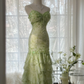 Green Straps Mermaid Tiered Beaing Vintage Long Party Dress Evening Gown, D731