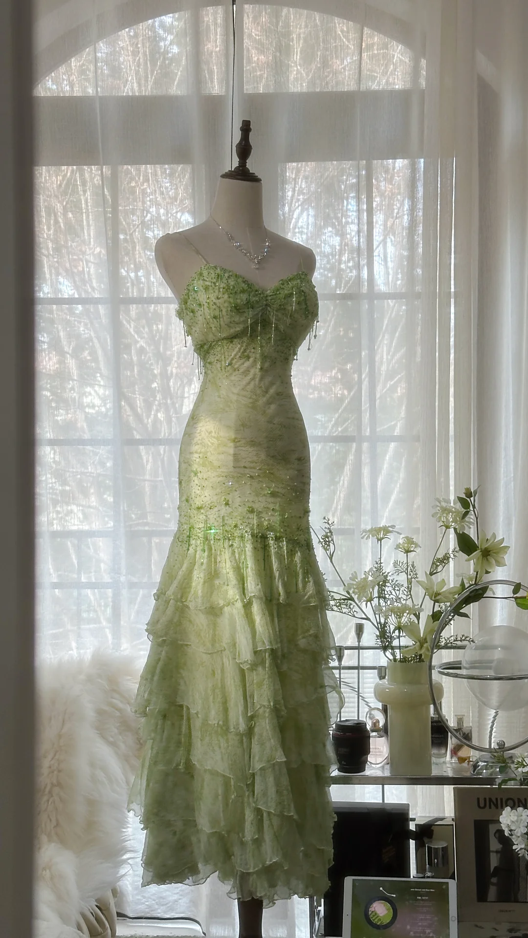 Green Straps Mermaid Tiered Beaing Vintage Long Party Dress Evening Gown, D731