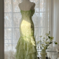 Green Straps Mermaid Tiered Beaing Vintage Long Party Dress Evening Gown, D731