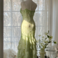 Green Straps Mermaid Tiered Beaing Vintage Long Party Dress Evening Gown, D731