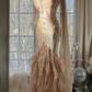 Light Pink Straps Mermaid Tiered Beaing Vintage Long Party Dress Evening Gown, D732