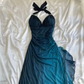 Green Halter Ombre Ruffles Chiffon Long Party Dress Vintage Evening Gown, D382