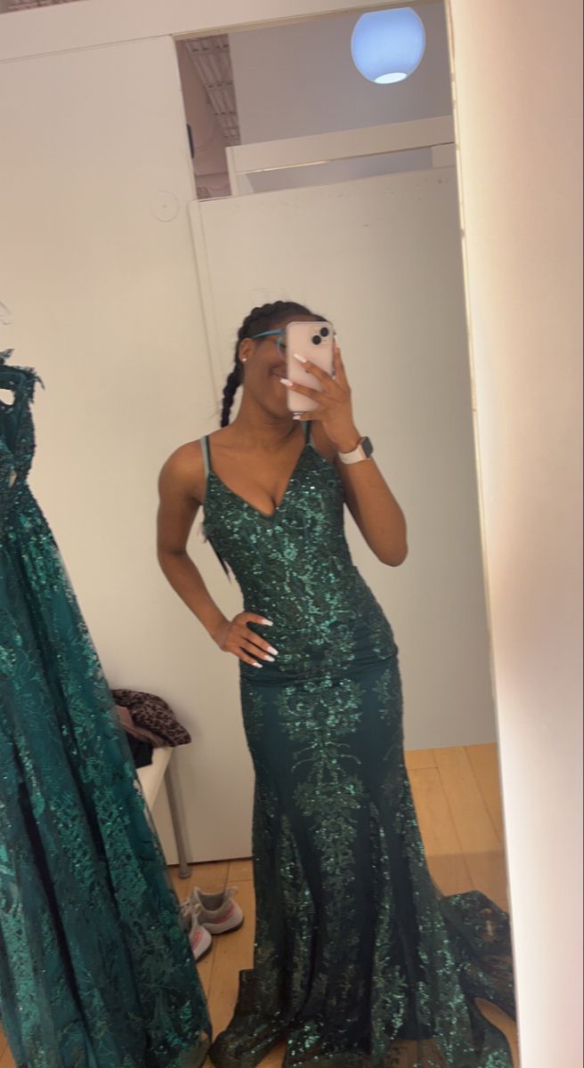 Green V Neck Straps Lace Mermaid Long Formal Prom Dress, D198