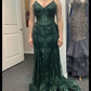 Green V Neck Straps Lace Mermaid Long Formal Prom Dress, D198