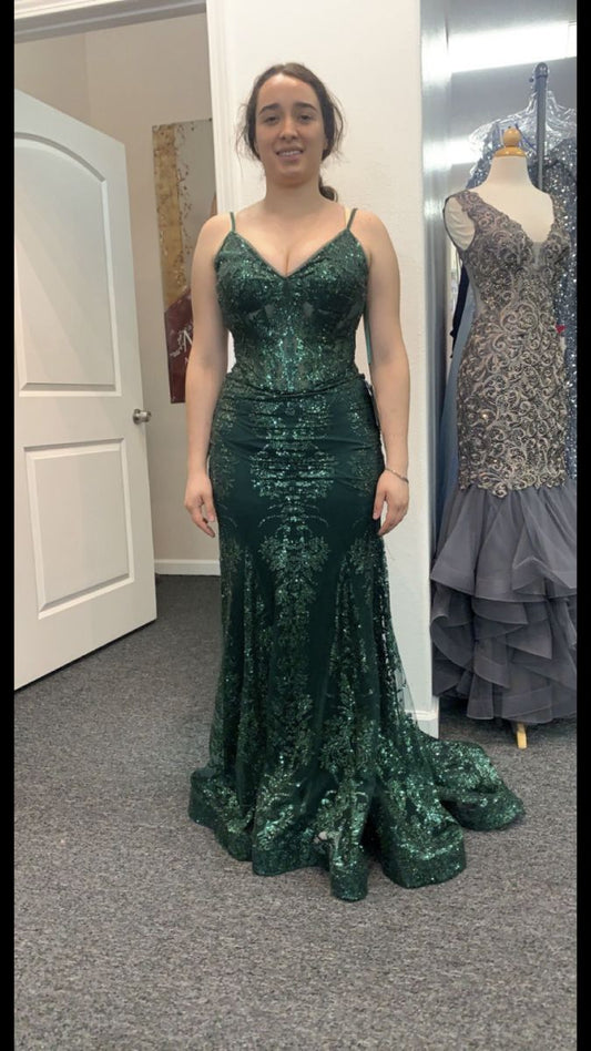 Green V Neck Straps Lace Mermaid Long Formal Prom Dress, D198