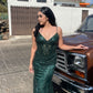 Green V Neck Straps Lace Mermaid Long Formal Prom Dress, D198