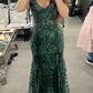 Green V Neck Straps Lace Mermaid Long Formal Prom Dress, D198