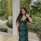 Green V Neck Straps Lace Mermaid Long Formal Prom Dress, D198