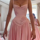 Elegant Pink Straps A-Line Satin Long Party Dress Bridesmaid Dress, D538