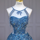 Blue Halter A-Line Tulle Sequins Long Party Dress Birthday Outfits MD7483