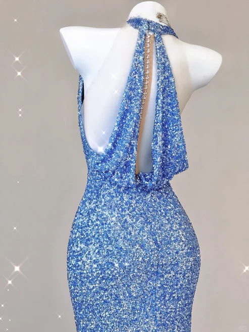 Blue V Neck Halter Sequins Sheath Long Party Dress Birthday Outfits MD7376