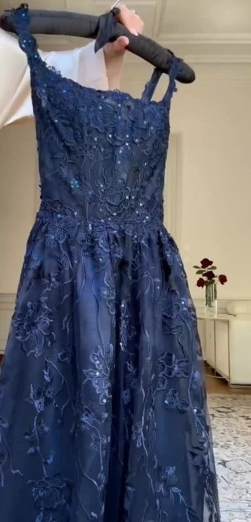 Navy Blue Straps A-Line Lace Long Prom Dress Evening Gown MD7844