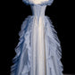 Blue Off Shoulder A-Line Tulle Long Formal Party Gown Prom Dress MD7793