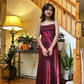 Wine Red Spaghetti Straps Vintage Satin Long Evening Dress MD7798