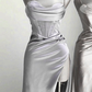 Grey Straps Sheath Satin Long Evening Party Dress with Split MD7802