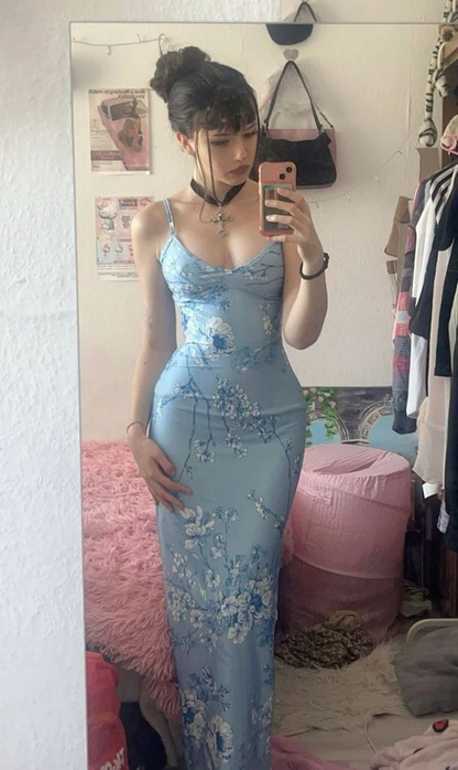 Light Blue Spaghetti Straps Floral Sheath Long Party Dress MD7807