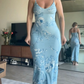 Light Blue Spaghetti Straps Floral Sheath Long Party Dress MD7807