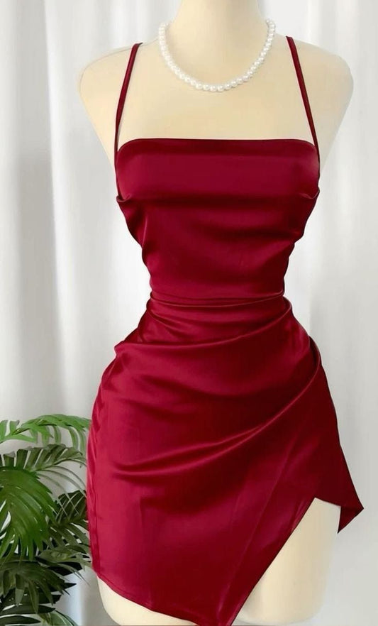 Wine Red Straps Sheath Satin Short Party Dress Homecoming Dress, MD7873