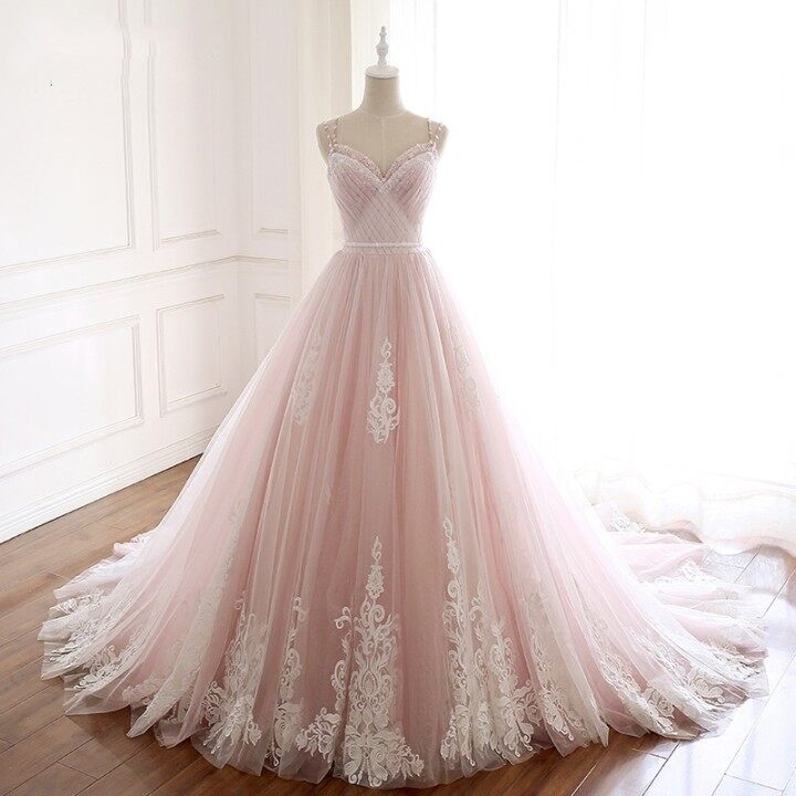 Pearl Pink and White Lace Long Formal Dress M926
