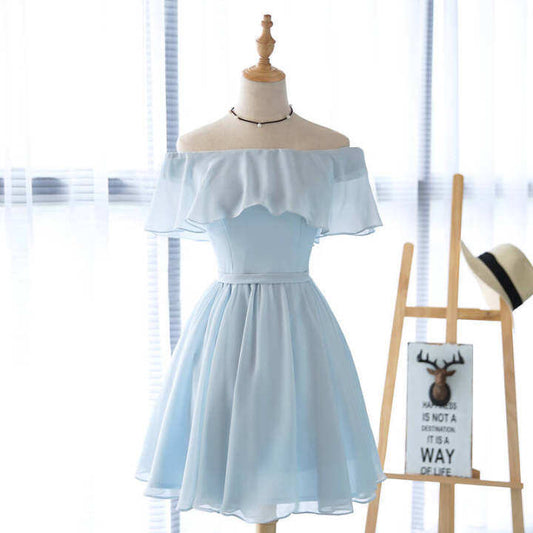 Off the Shoulder Blue Short Chiffon Dress M993