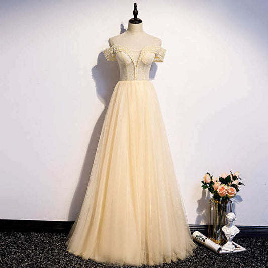 Off the Shoulder Champagne Long Formal Dress with Beads M992